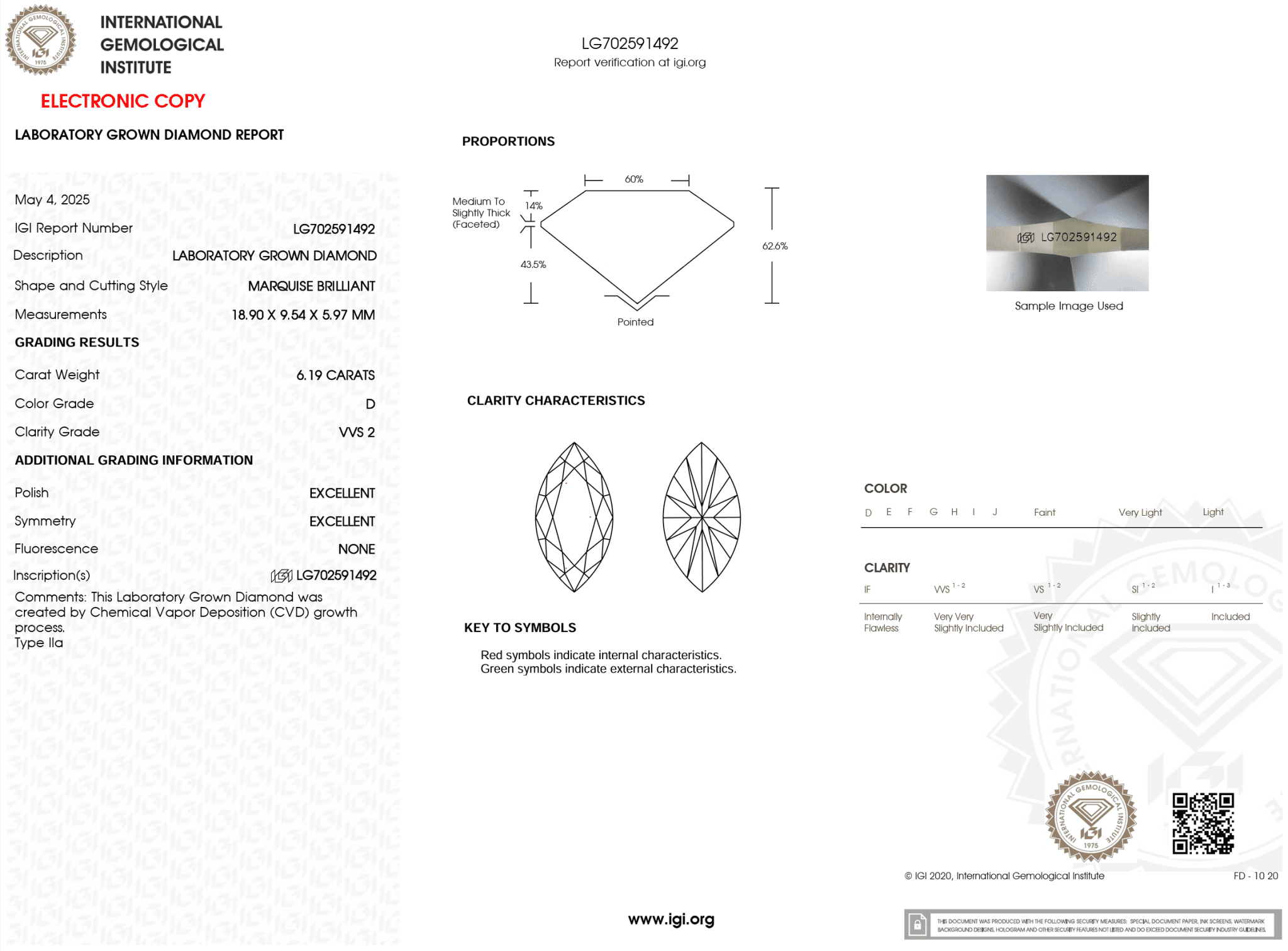 6.19 Carat D - VVS2 Marquise Lab Grown Diamond - IGI (121529) - PBD Loose Diamond