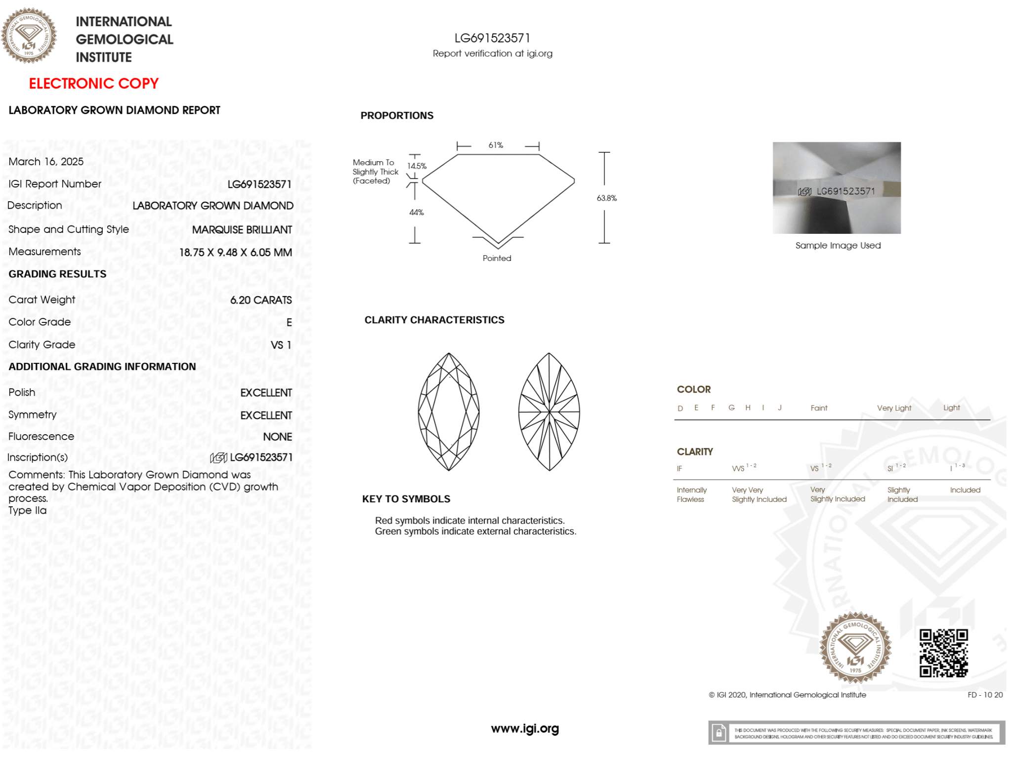 6.20 Carat E - VS1 Marquise Lab Grown Diamond - IGI (125281) - PBD Loose Diamond