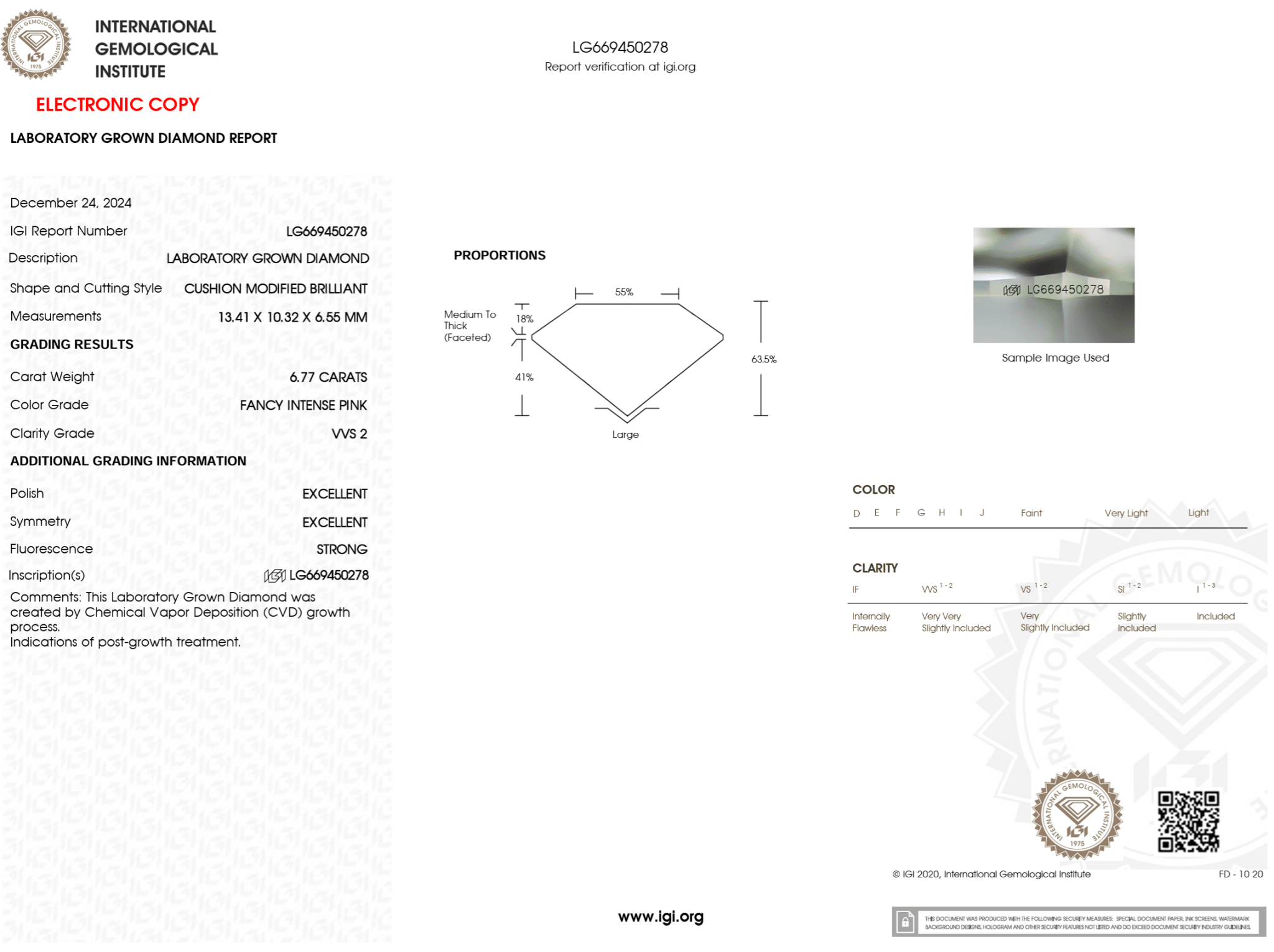 6.77 Carat Fancy Intense Pink VVS2 Elongated Cushion Lab Grown Diamond - IGI (124657) - PBD Loose Diamond