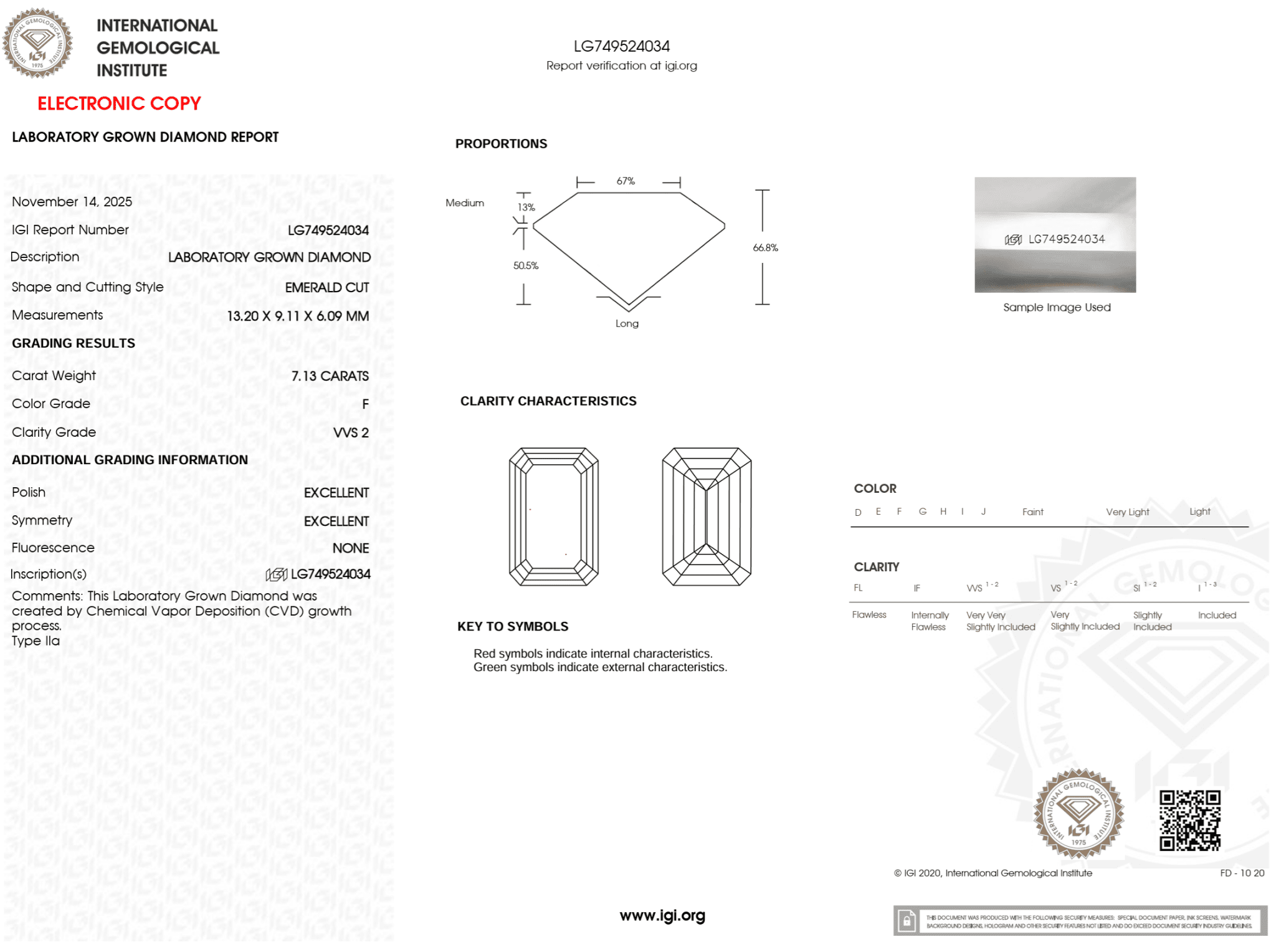 7.13 Carat F - VVS2 Emerald Lab Grown Diamond - IGI (123477) - PBD Loose Diamond