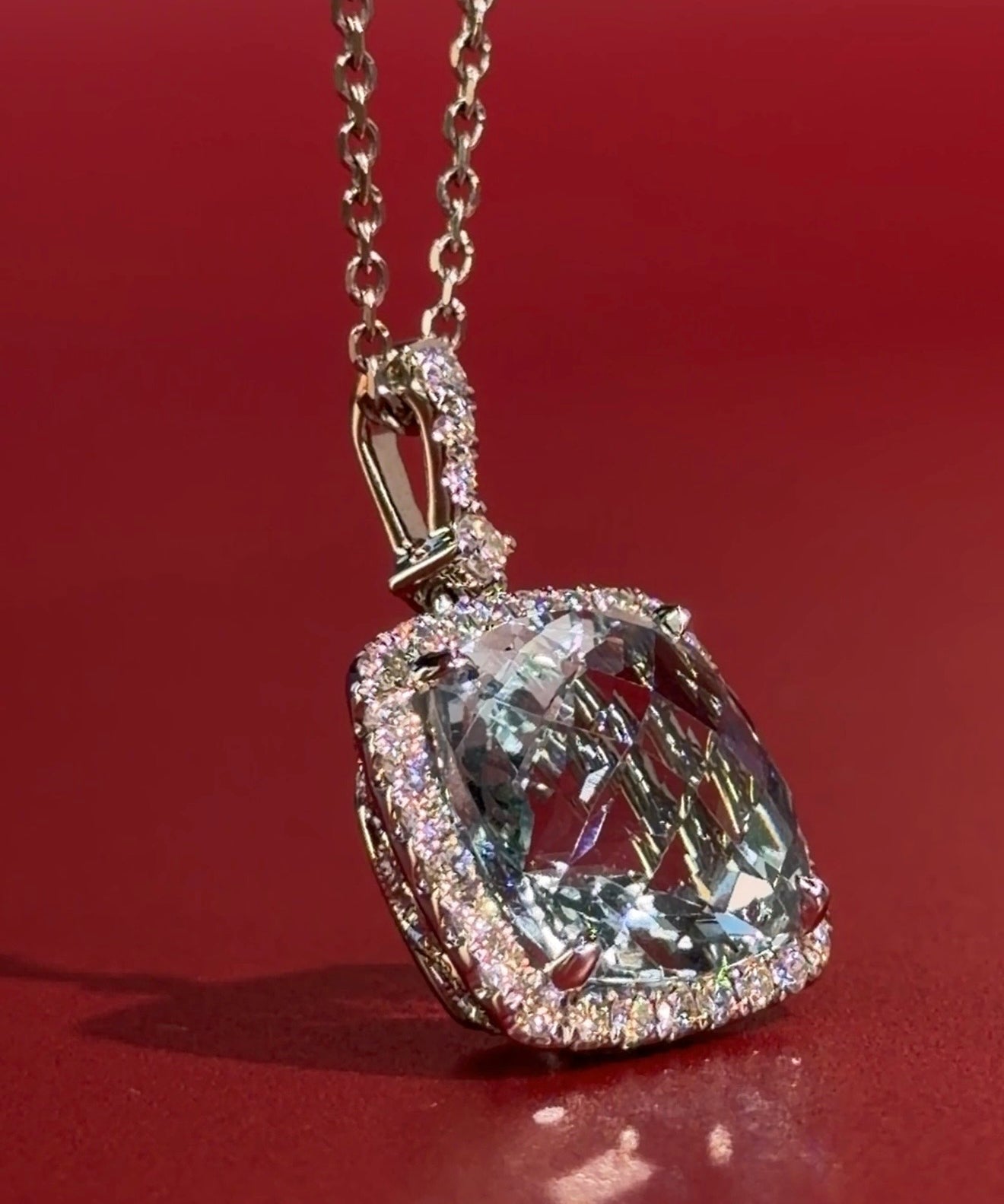 Aquamarine Diamond Halo Necklace Princess Bride Diamonds Huntington Beach Jewelry Store