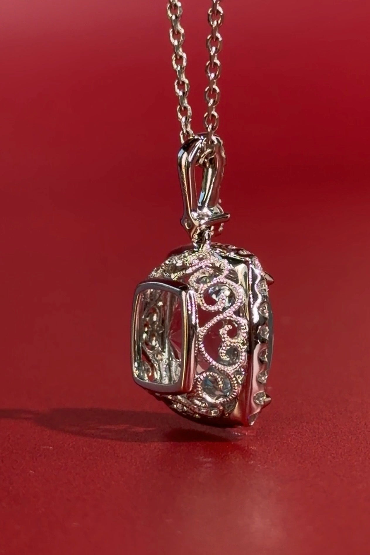 Aquamarine Diamond Halo Necklace Princess Bride Diamonds Huntington Beach Jewelry Store Filigree Basket