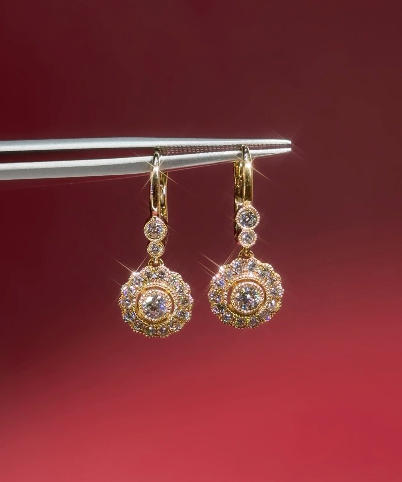 Claire Vintage Drop Earrings with milgrain scalloping and vintage halos