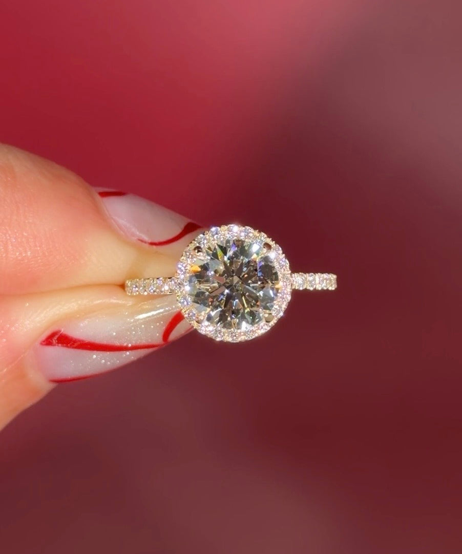 Classic Round Pavé Halo Engagement Ring with Diamond Prongs in Yellow Gold