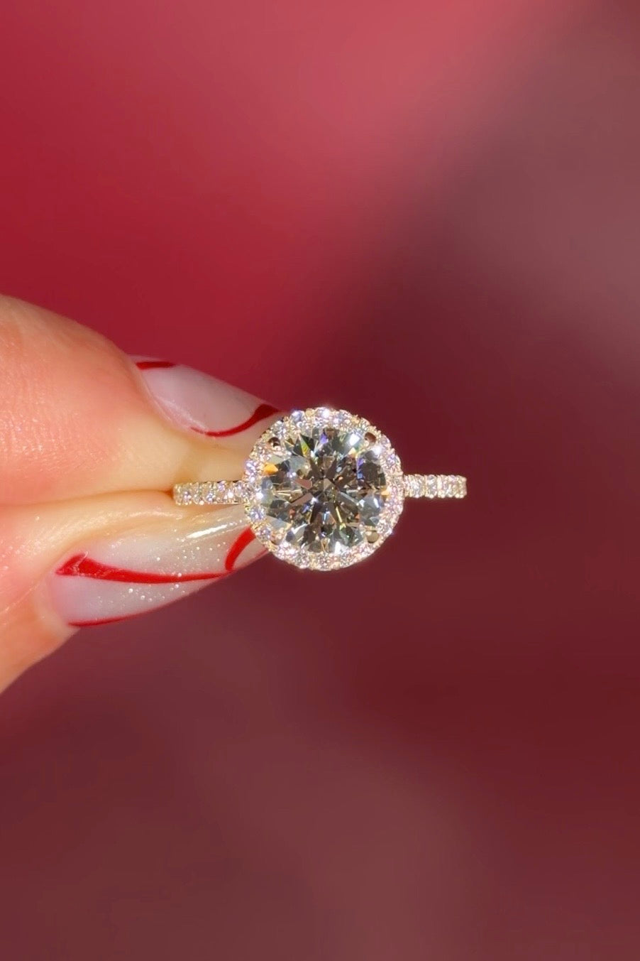 Classic Round Pavé Halo Engagement Ring with Diamond Prongs in Yellow Gold