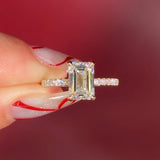 Emerald Cut Lab Diamond Solitaire in Yellow Gold with Pave diamond band and hidden halo