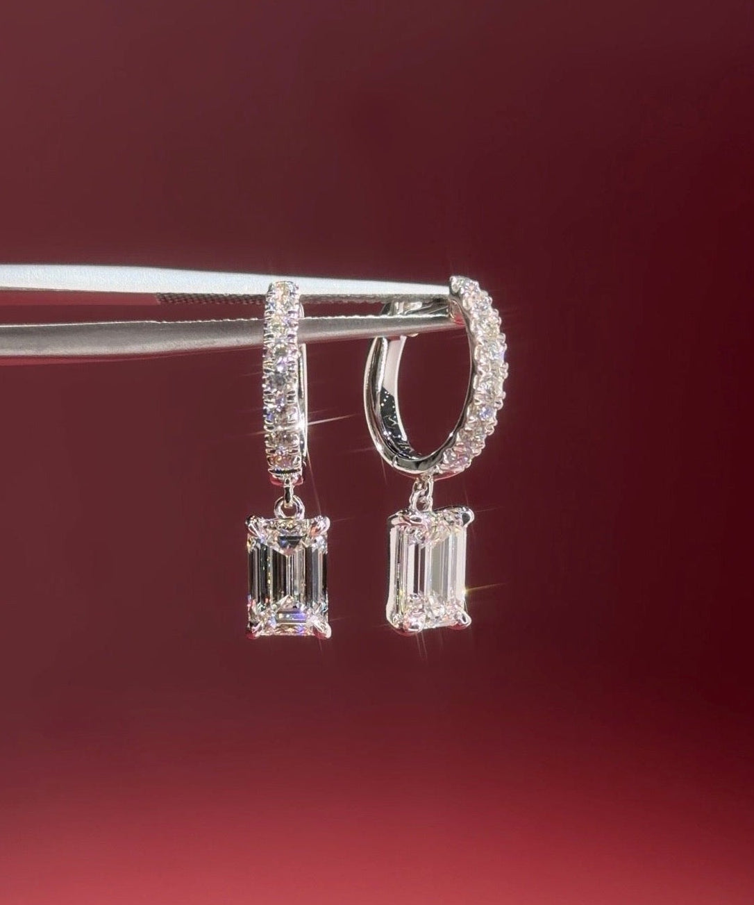 Emerald Diamond Drop Hoops White Gold with pave hoops dangle earrings at princess bride diamonds in huntington beach california 