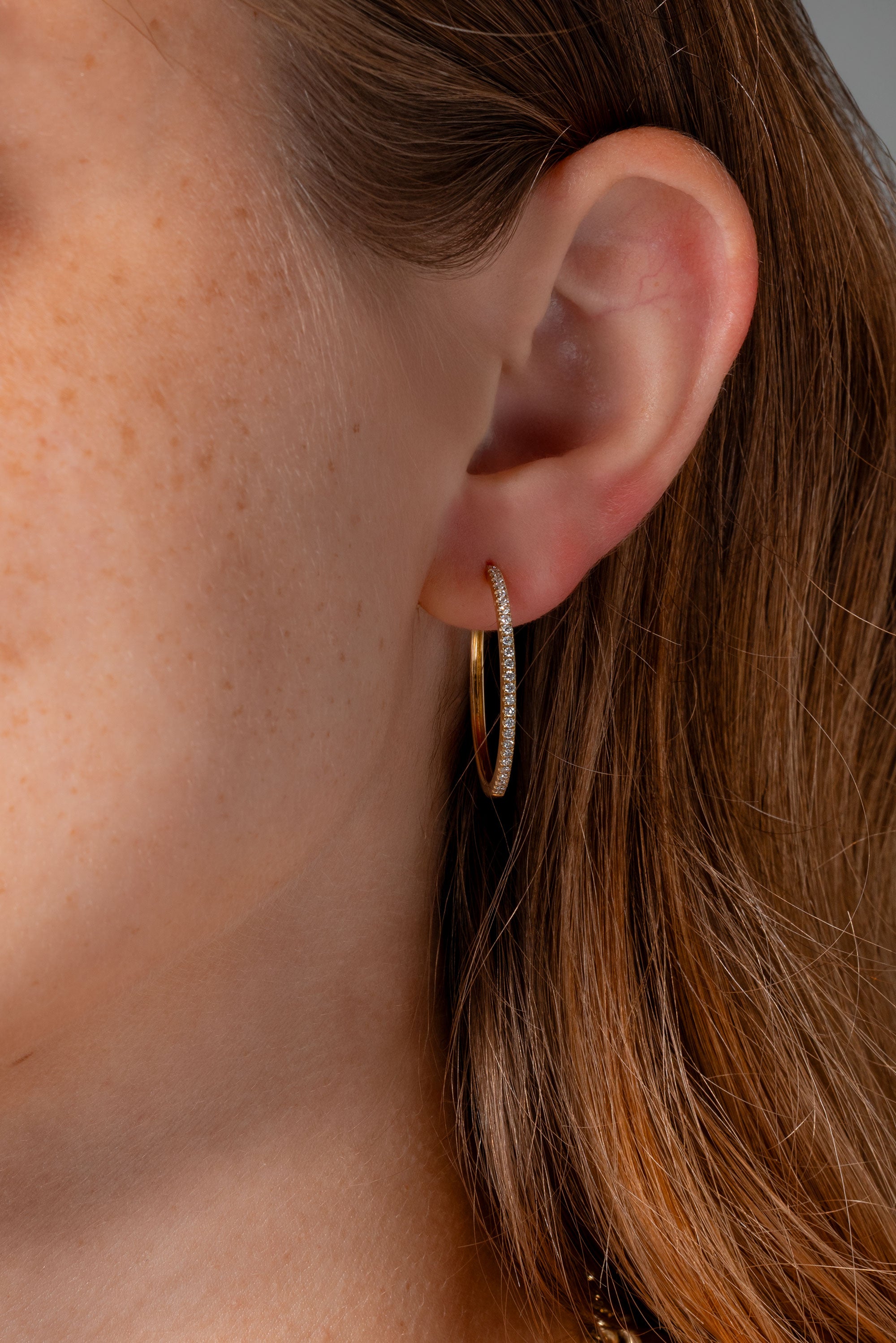 Extra-Fine 25mm Pavé Hoops Yellow Gold on ear princess bride diamonds huntington beach jewelry store