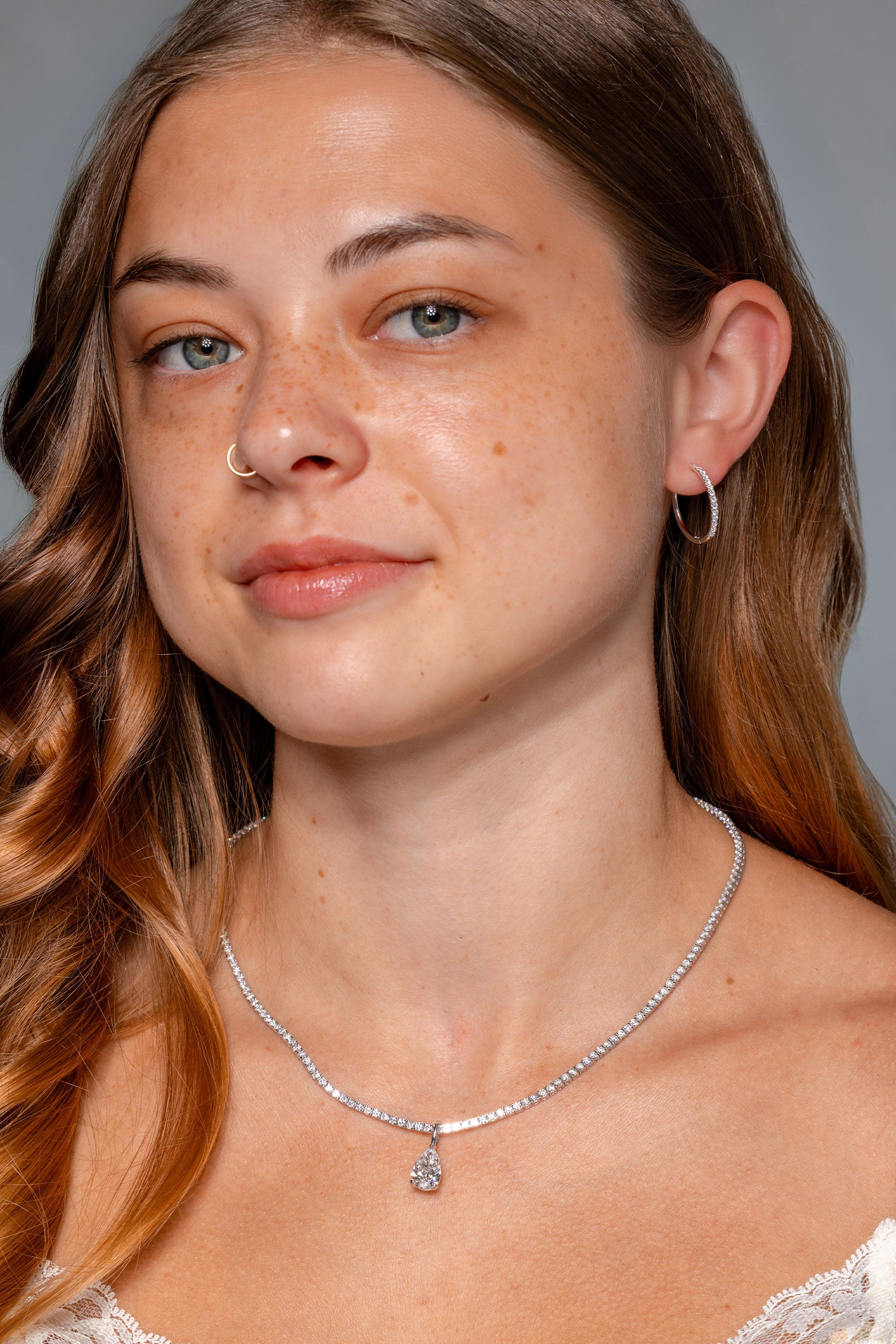 Fine 20mm Pavé Hoops White Gold on model princess bride diamonds huntington beach jewelry store 