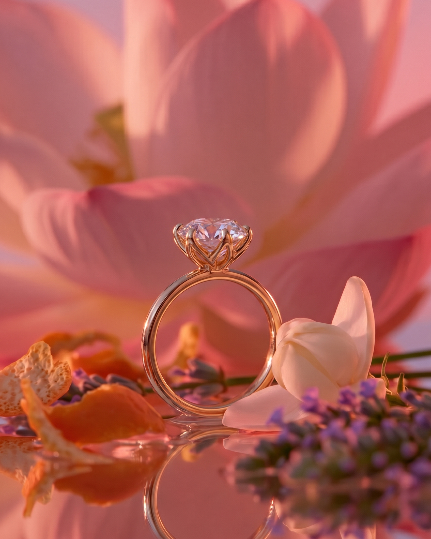 Gold ring with a diamond on a pink flower background