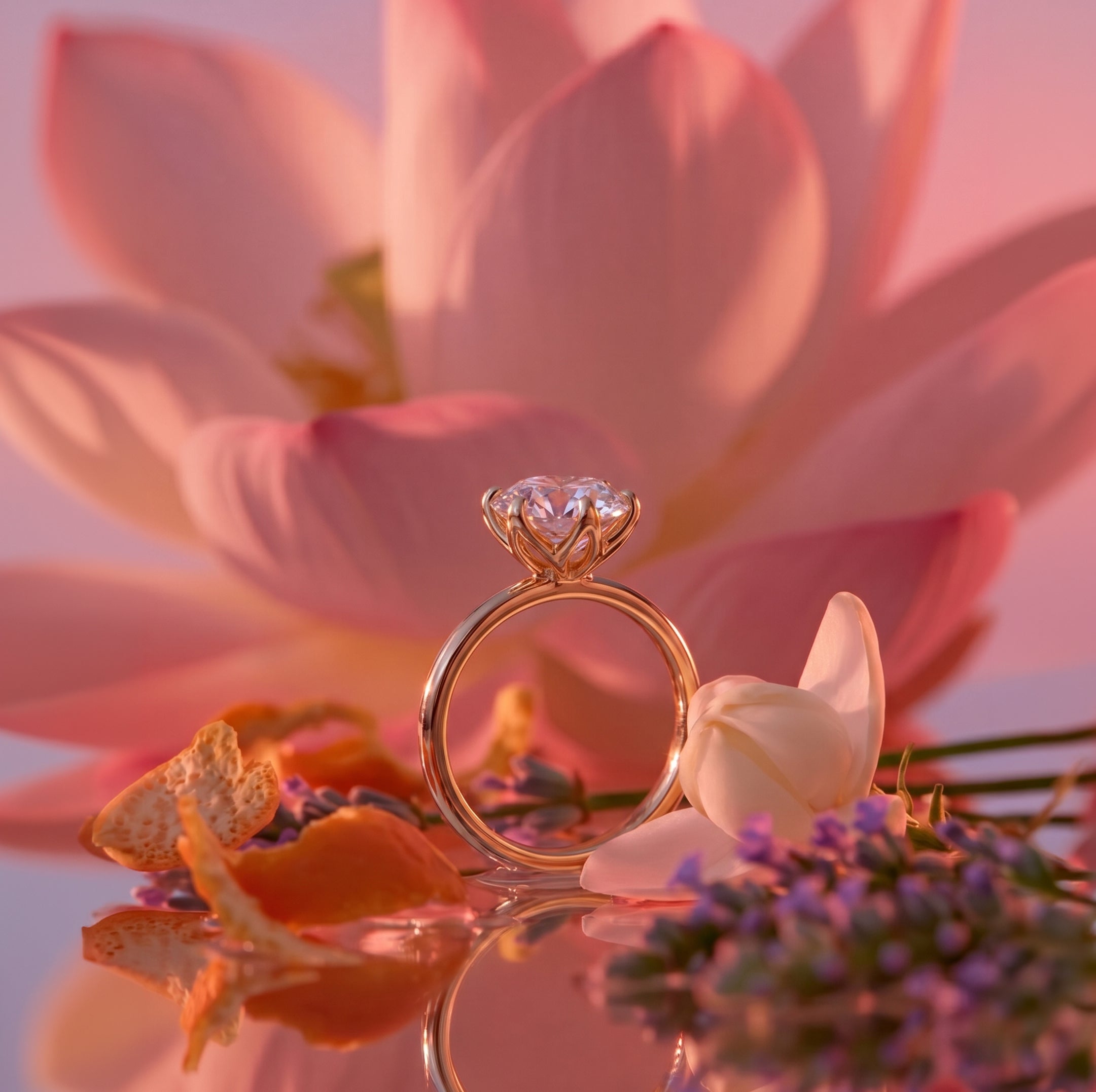 Gold ring with a diamond on a reflective surface with flowers in the background
