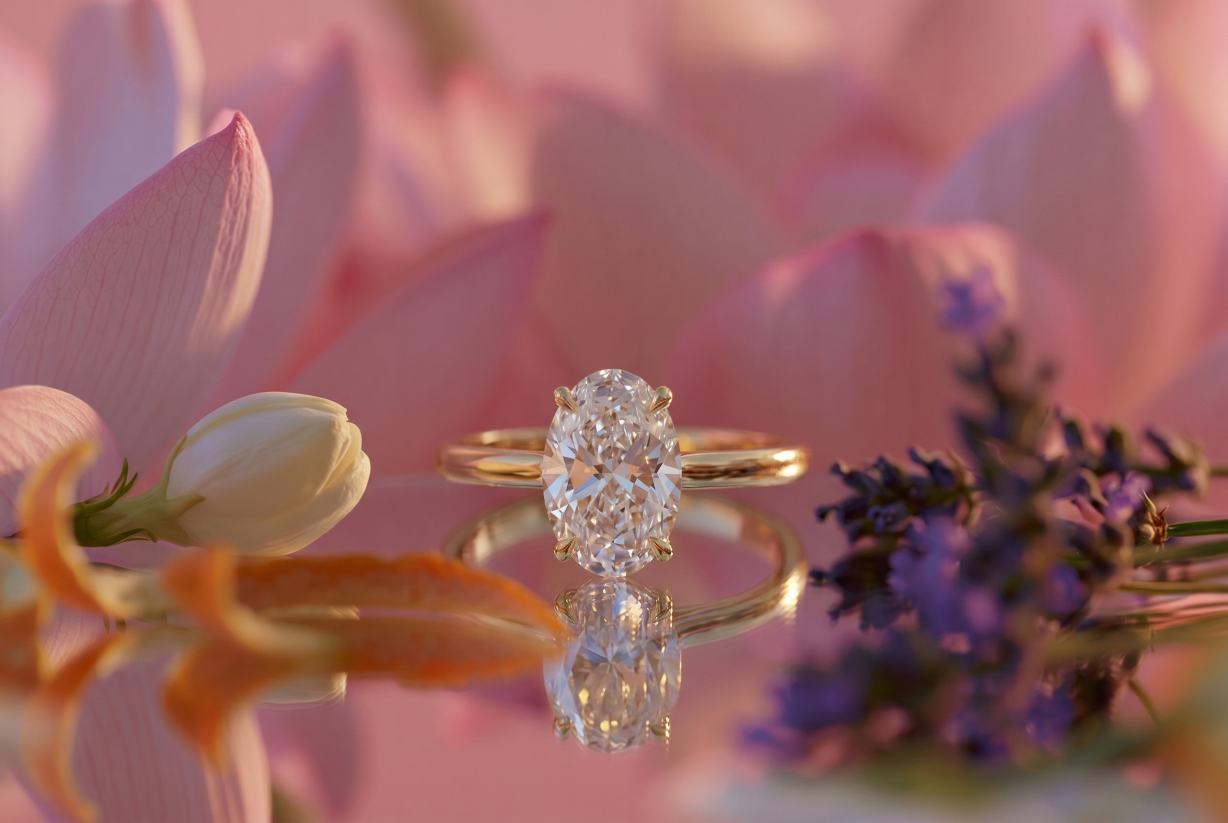 Gold ring with a diamond on a reflective surface with flowers in the background