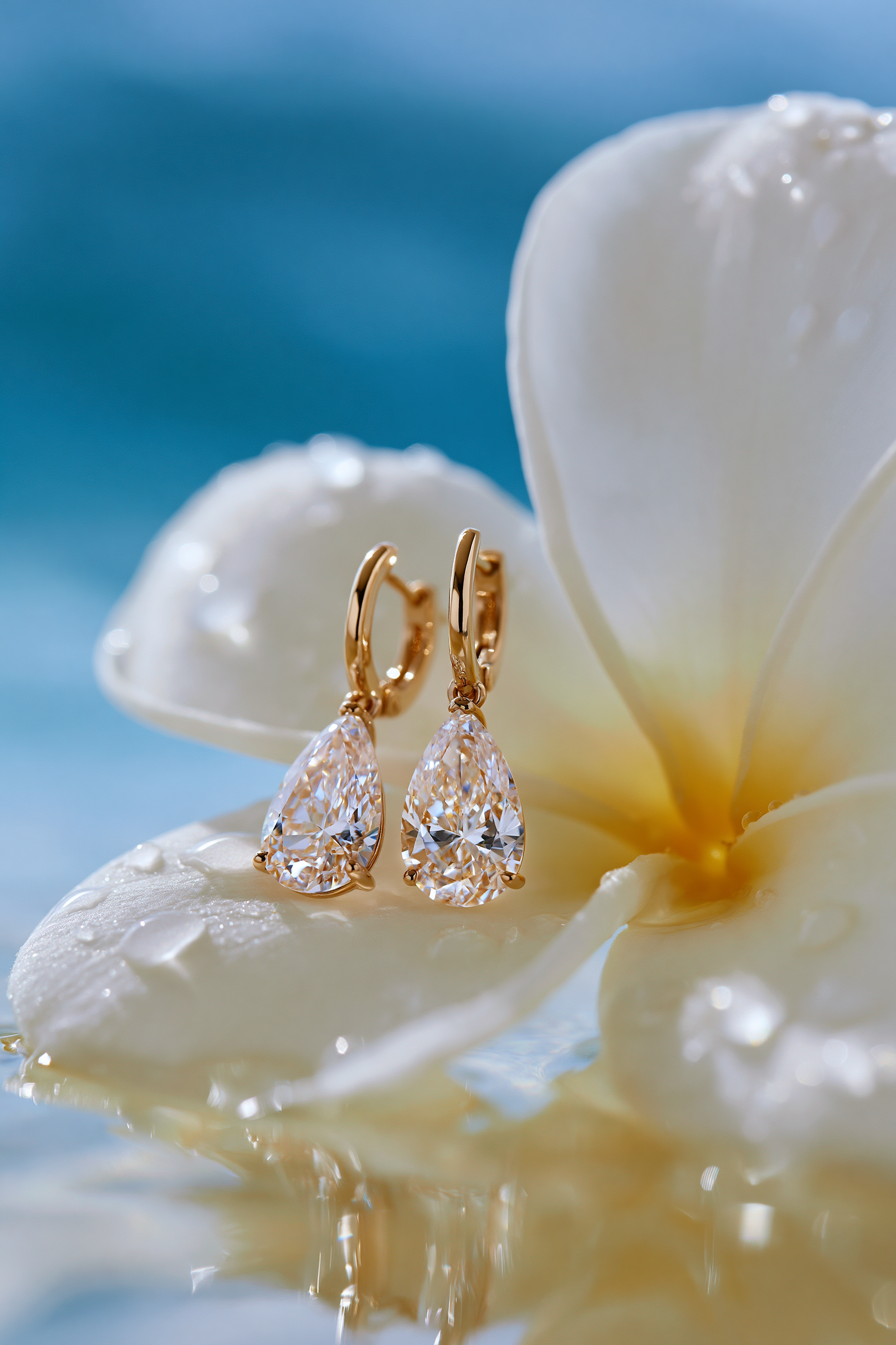 Gold teardrop earrings on a white flower with a blue background