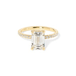 Kayla Emerald Engagement Ring with a diamond hidden halo and classic pave band featuring lab grown diamond side stones in solid yellow gold at princess bride diamonds in huntington beach california 14k yellow gold 