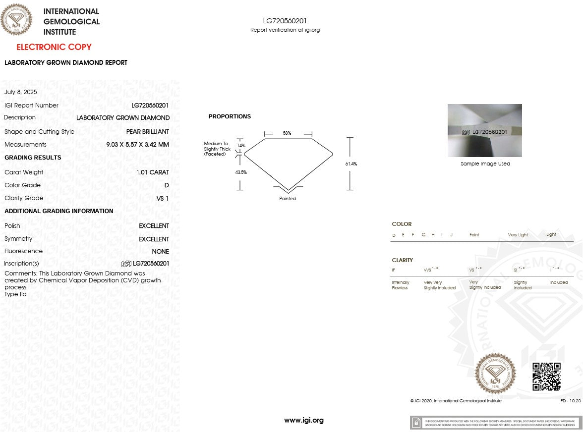 Laboratory-grown diamond report with grading details on a white background