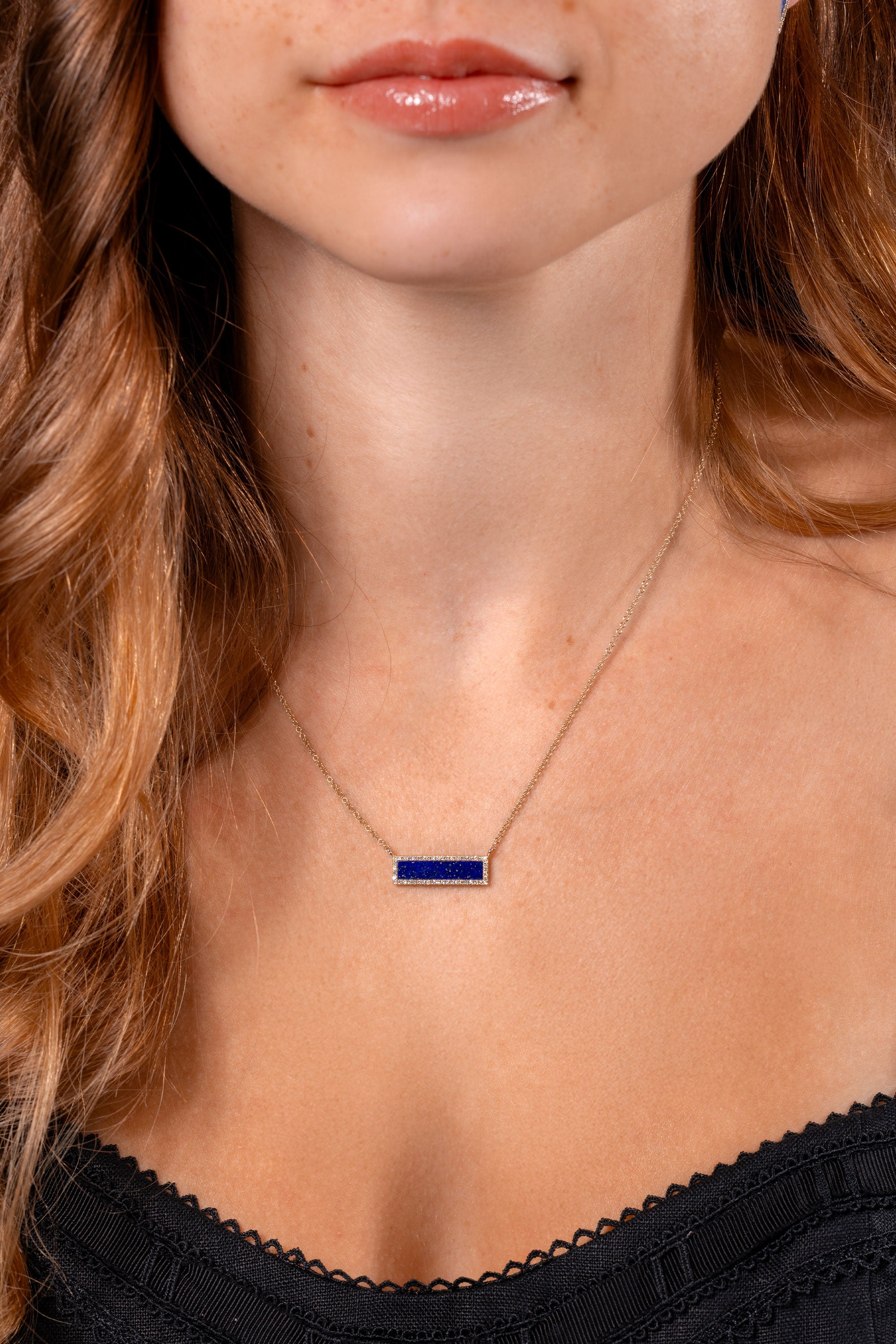 Lapis Inlay Bar Pavé Diamond Halo Necklace