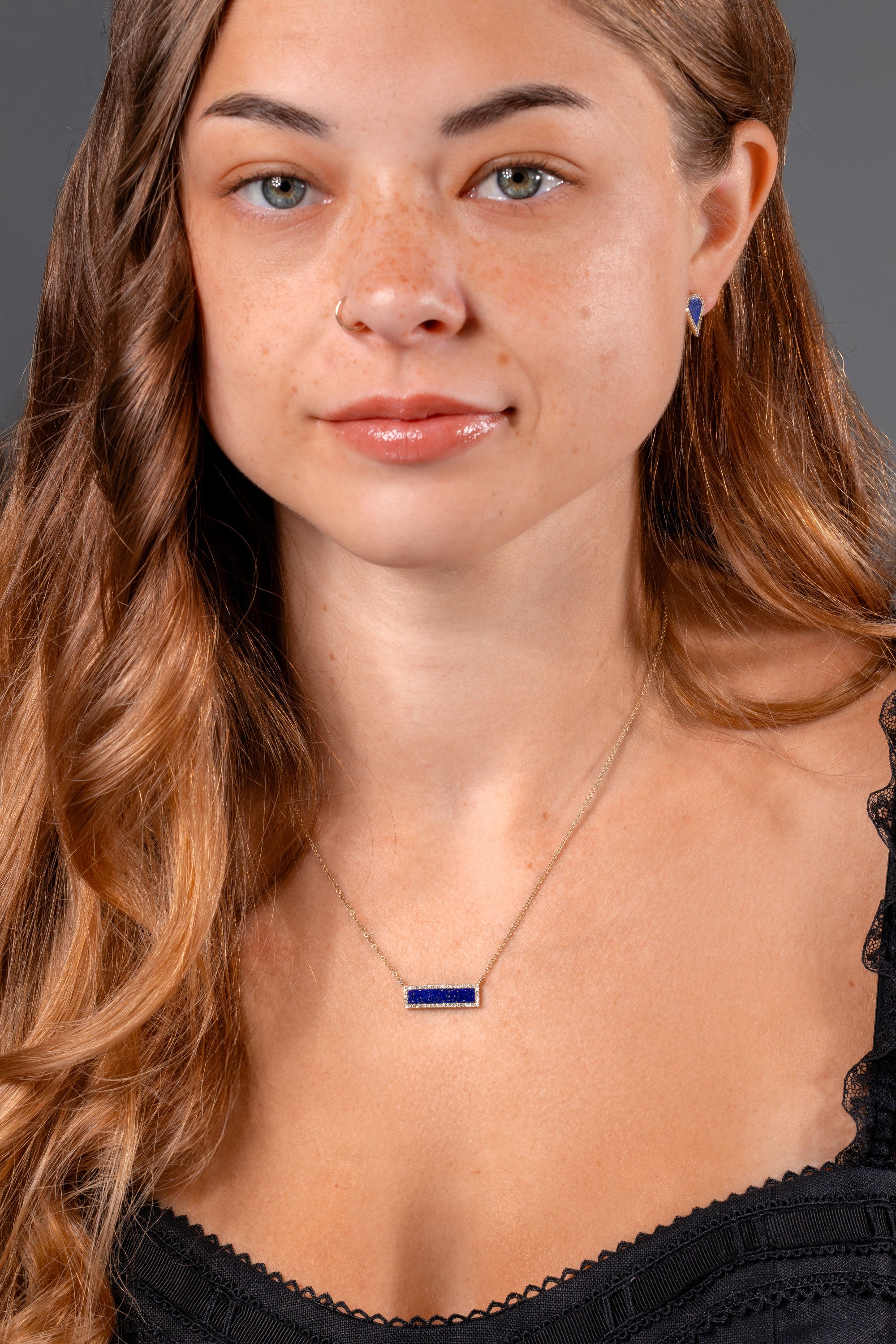 Lapis Inlay Bar Pavé Diamond Halo Necklace