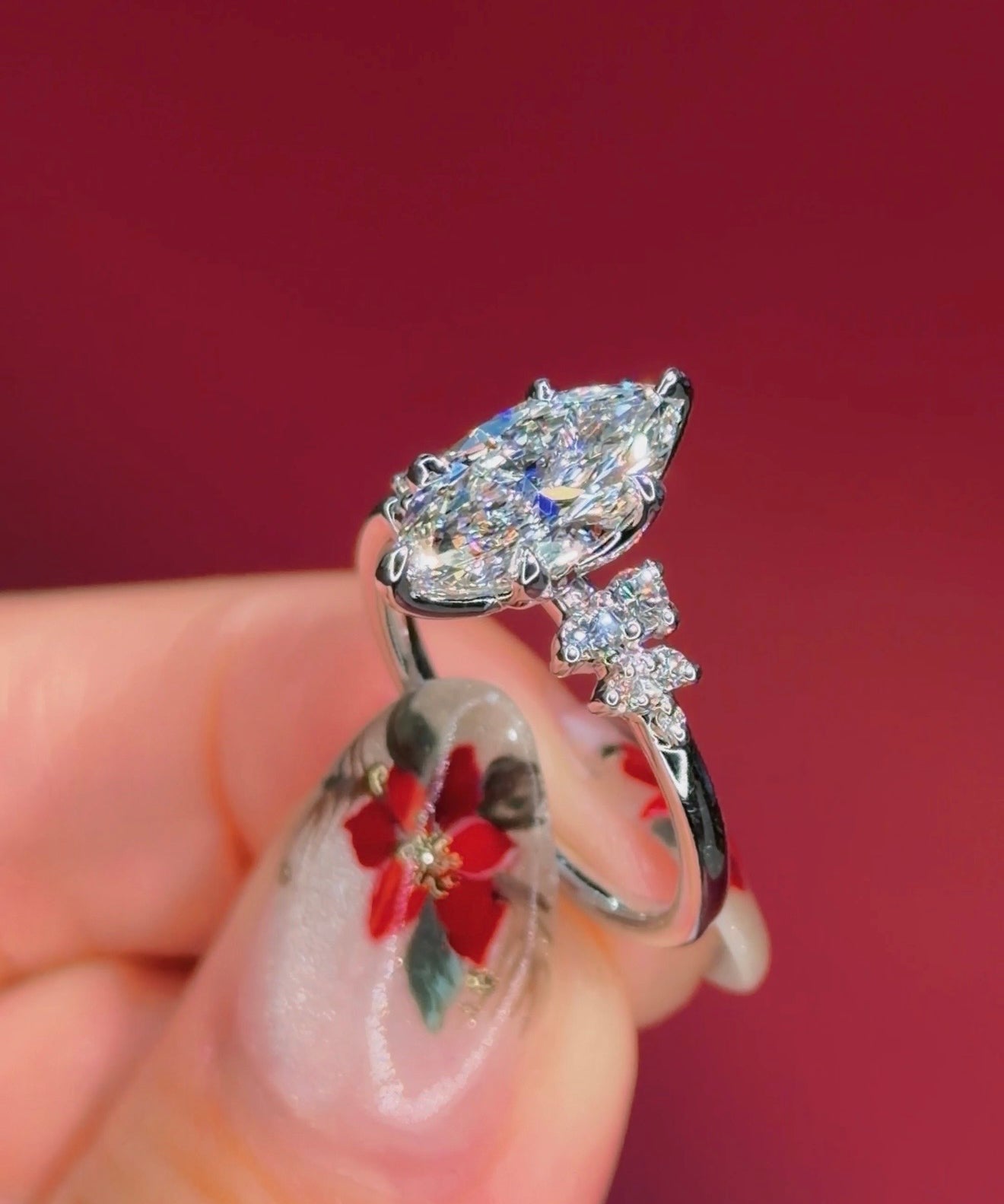 marquise diamond cluster white gold engagement ring