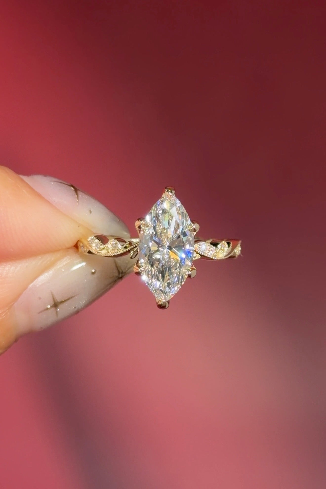 marquise lab diamond vintage style twist band engagement ring yellow gold