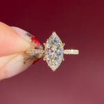 marquise lab diamond engagement ring yellow gold pave diamond band cathedral setting