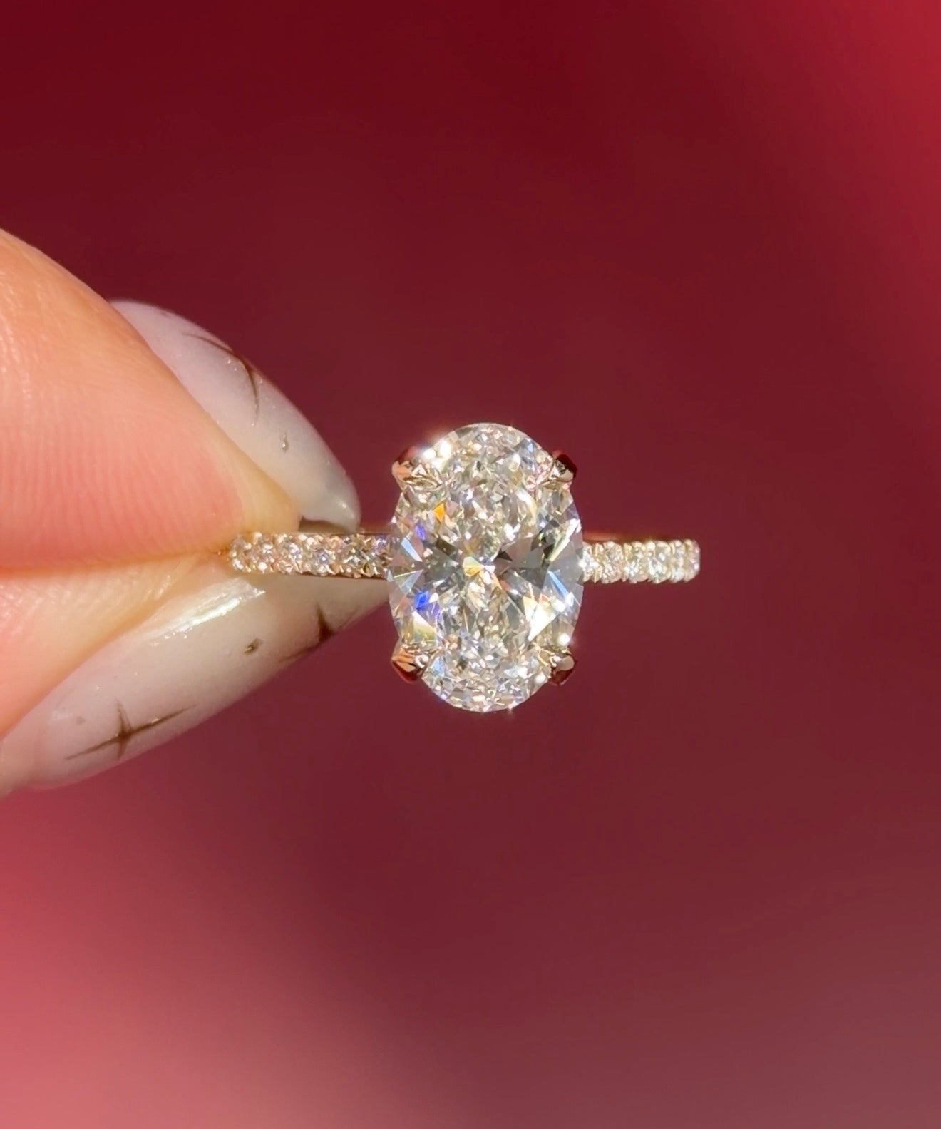 oval lab diamond engagement ring pave band hidden halo yellow gold