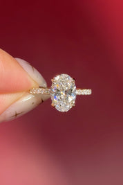 oval lab diamond engagement ring pave band hidden halo yellow gold