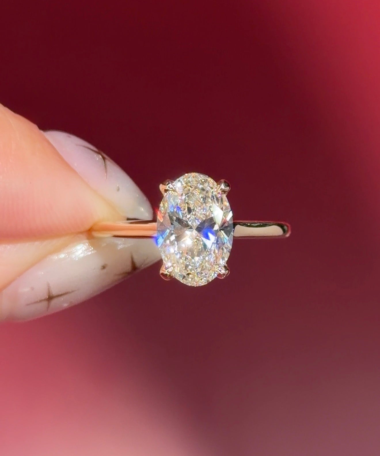 oval lab diamond yellow gold high polish engagement ring with cathedral and hidden halo