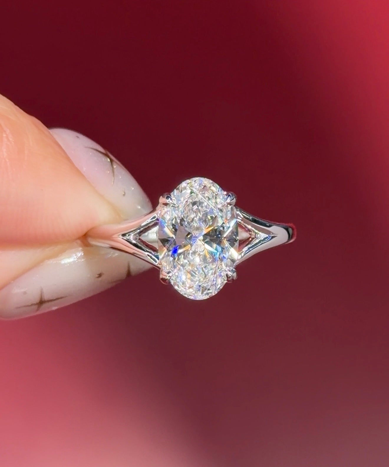 oval lab diamond white gold solitaire split shank engagement ring