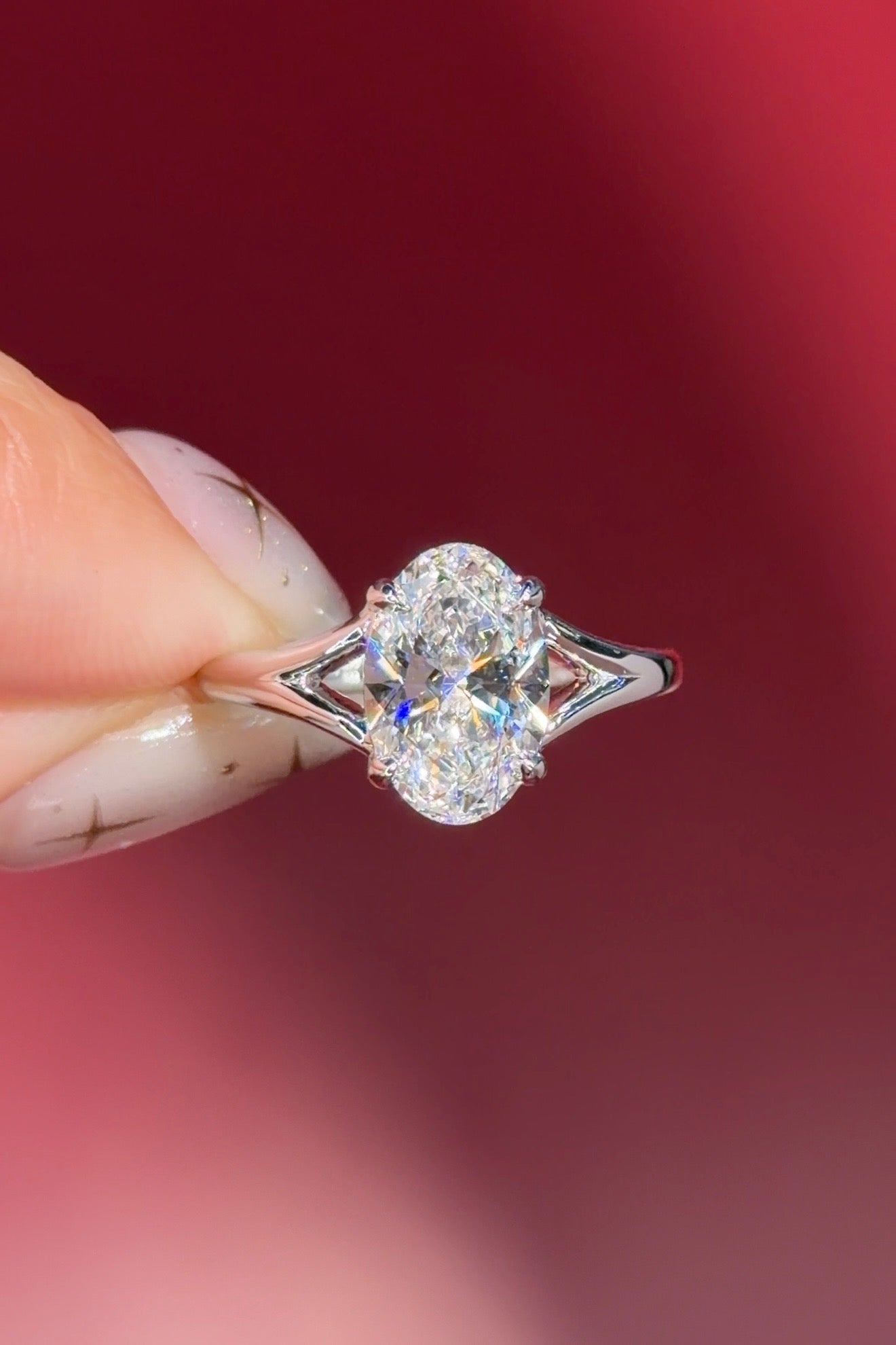 oval lab diamond white gold solitaire split shank engagement ring