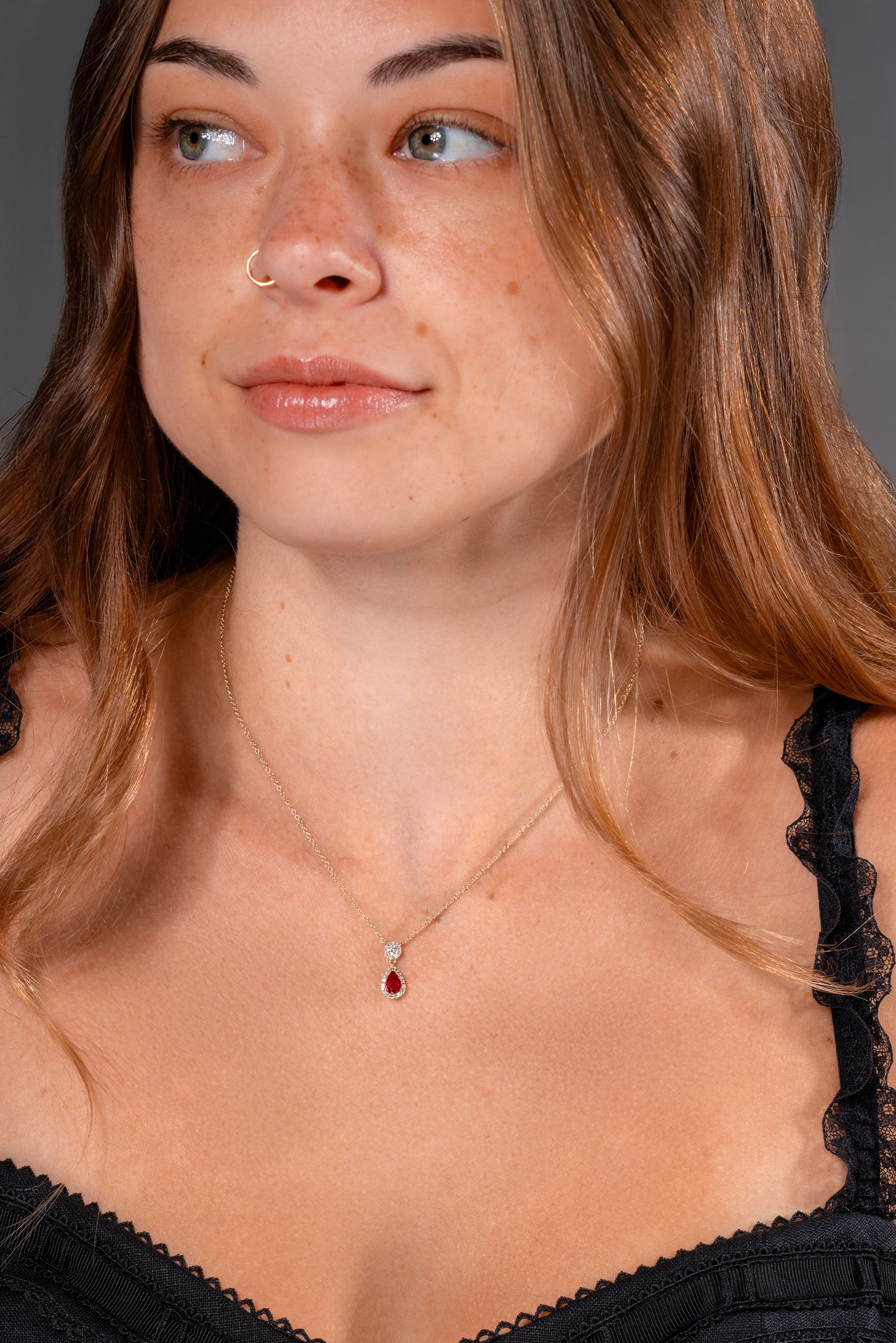 Pear Ruby Diamond Halo Drop Necklace