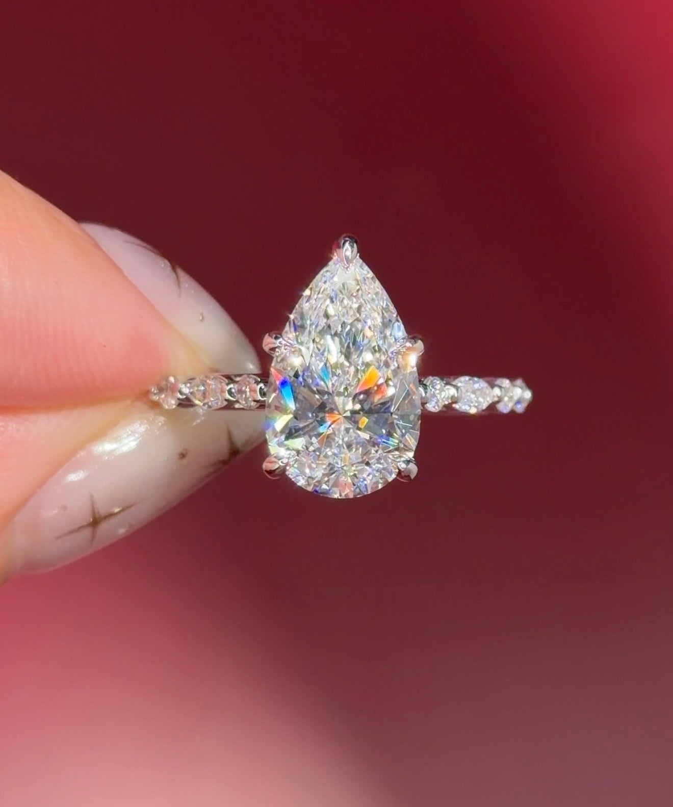 pear lab diamond white gold cathedral engagement ring floating diamond band with hidden halo