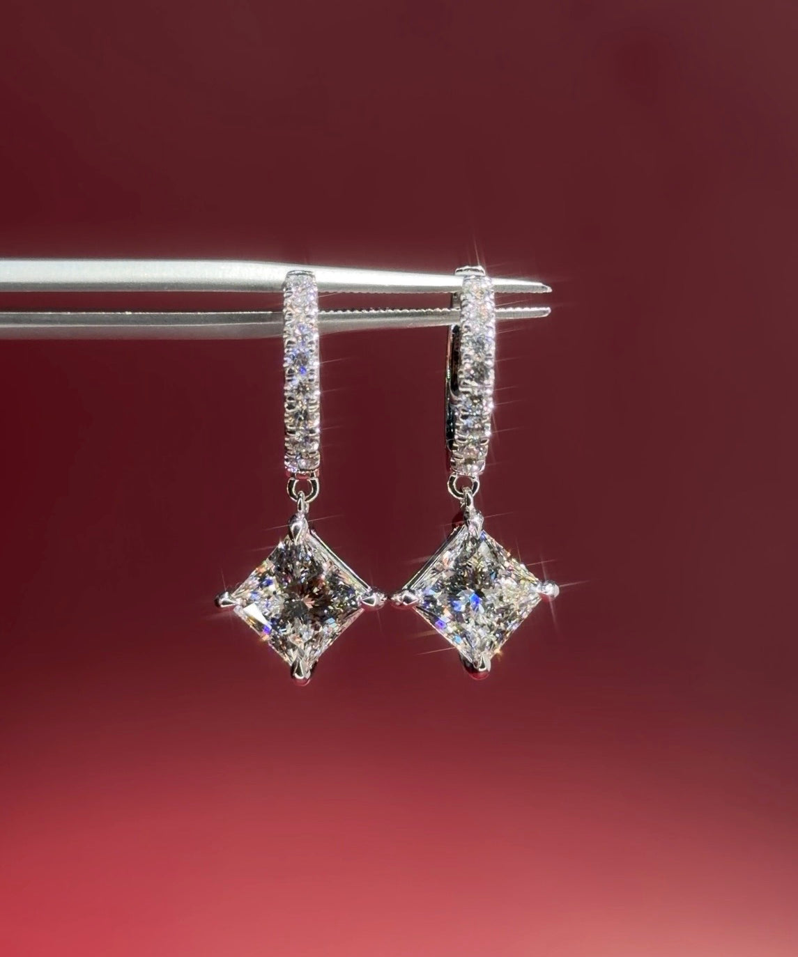 Princess cut Lab Diamond Drop Hoops with pave diamonds in White Gold at princess Bride diamonds jewelry store in huntington beach california 