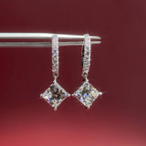 Princess cut Lab Diamond Drop Hoops with pave diamonds in White Gold at princess Bride diamonds jewelry store in huntington beach california 