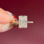 radiant lab diamond yellow gold solitaire engagement ring cathedral setting with diamond bridge