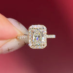 radiant lab diamond halo engagement ring pave yellow gold with diamond bridge and open gallery