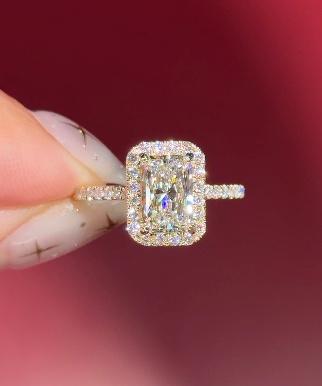 radiant lab diamond halo engagement ring pave yellow gold with diamond bridge and open gallery