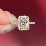 radiant lab diamond halo engagement ring pave yellow gold with diamond bridge and open gallery