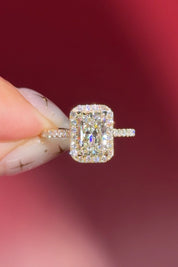 radiant lab diamond halo engagement ring pave yellow gold with diamond bridge and open gallery