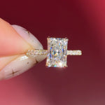 radiant lab diamond yellow gold pave engagement ring flower petal prong basket