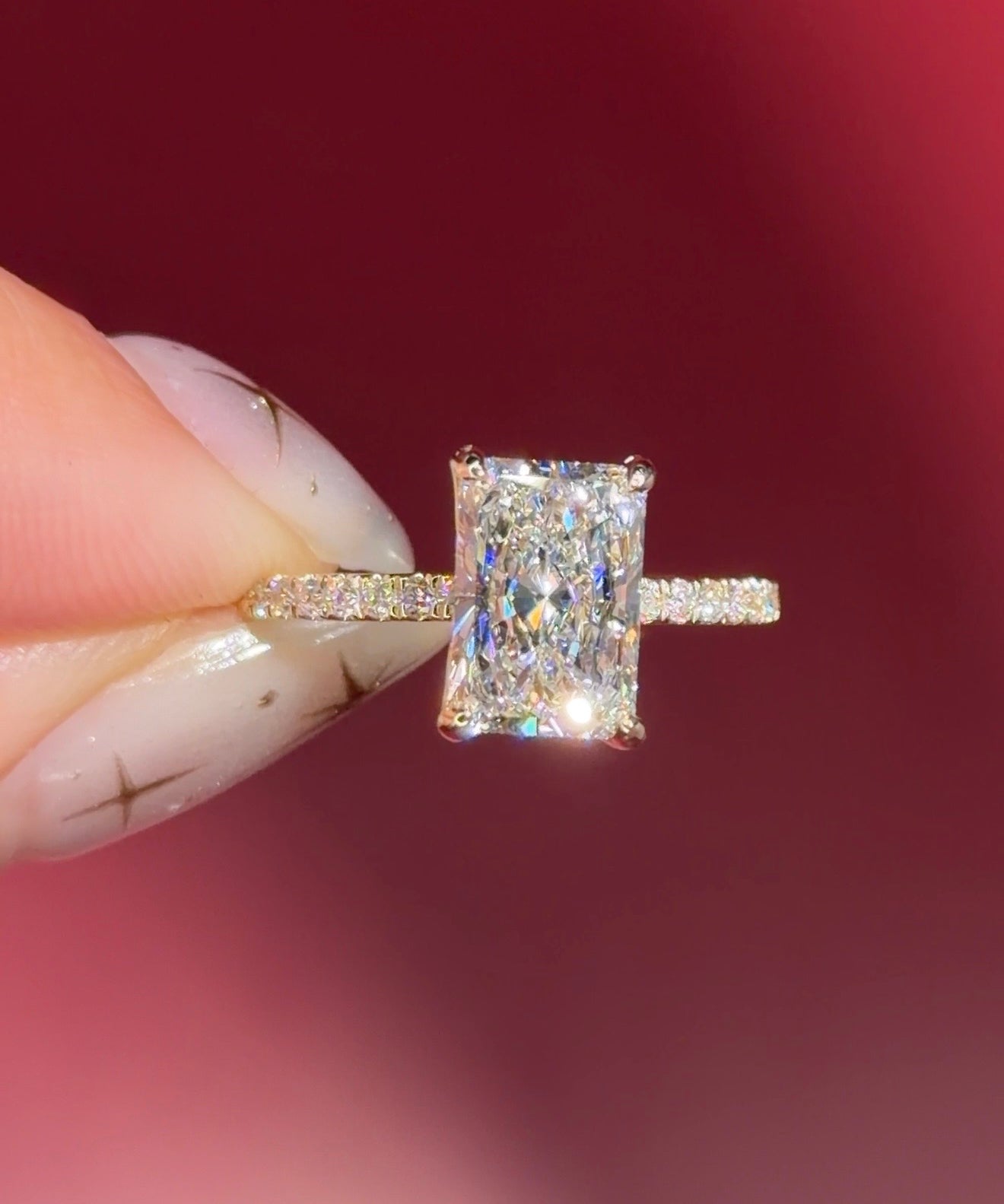 radiant lab diamond yellow gold pave engagement ring flower petal prong basket