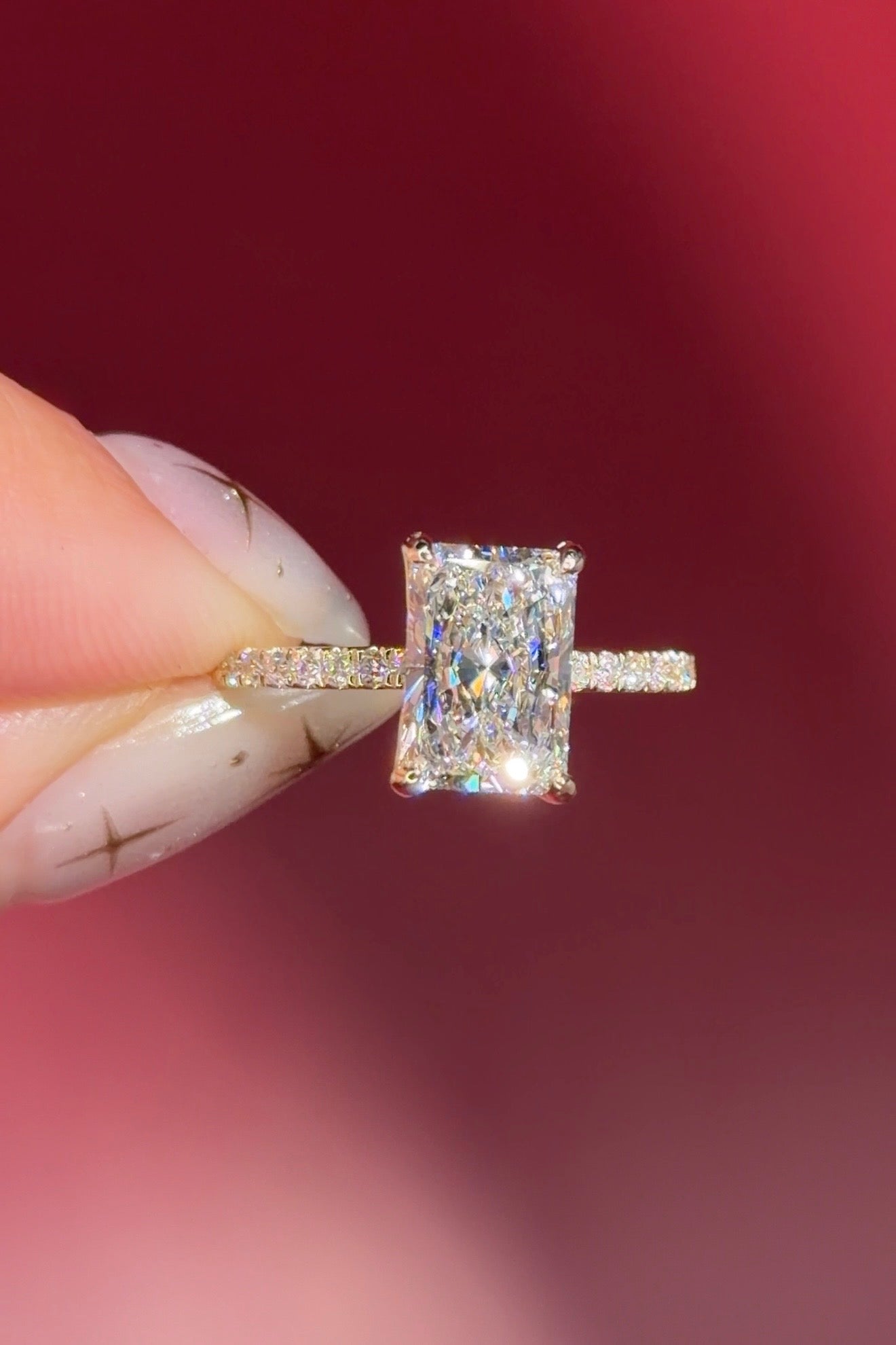 radiant lab diamond yellow gold pave engagement ring flower petal prong basket