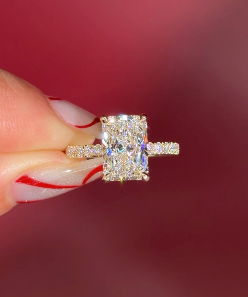 Radiant Lab Diamond Solitaire Engagement Ring with Pave side diamonds and hidden halo