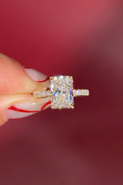 Radiant Lab Diamond Solitaire Engagement Ring with Pave side diamonds and hidden halo