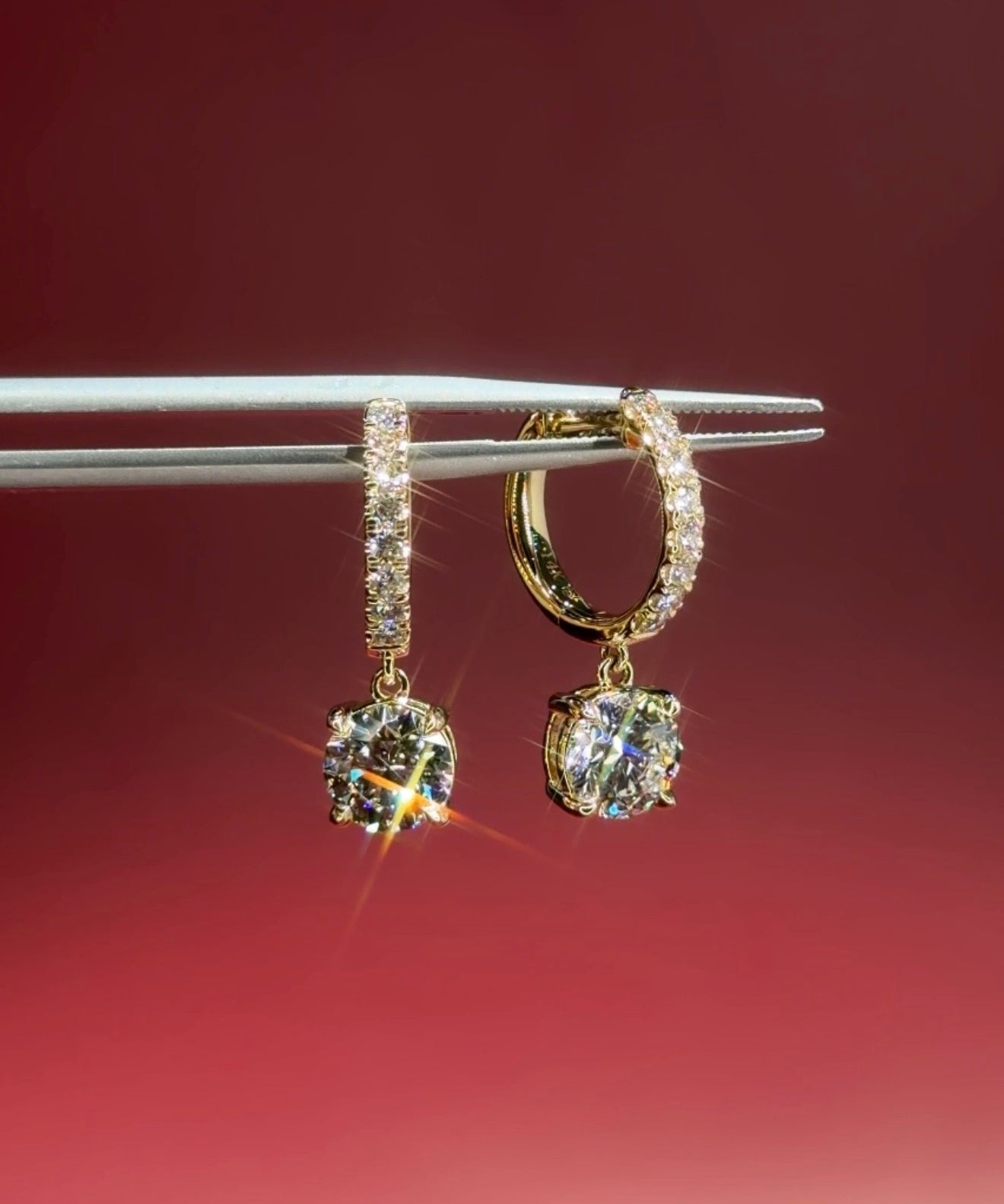 Round Diamond Drop Pave Hoops Yellow Gold