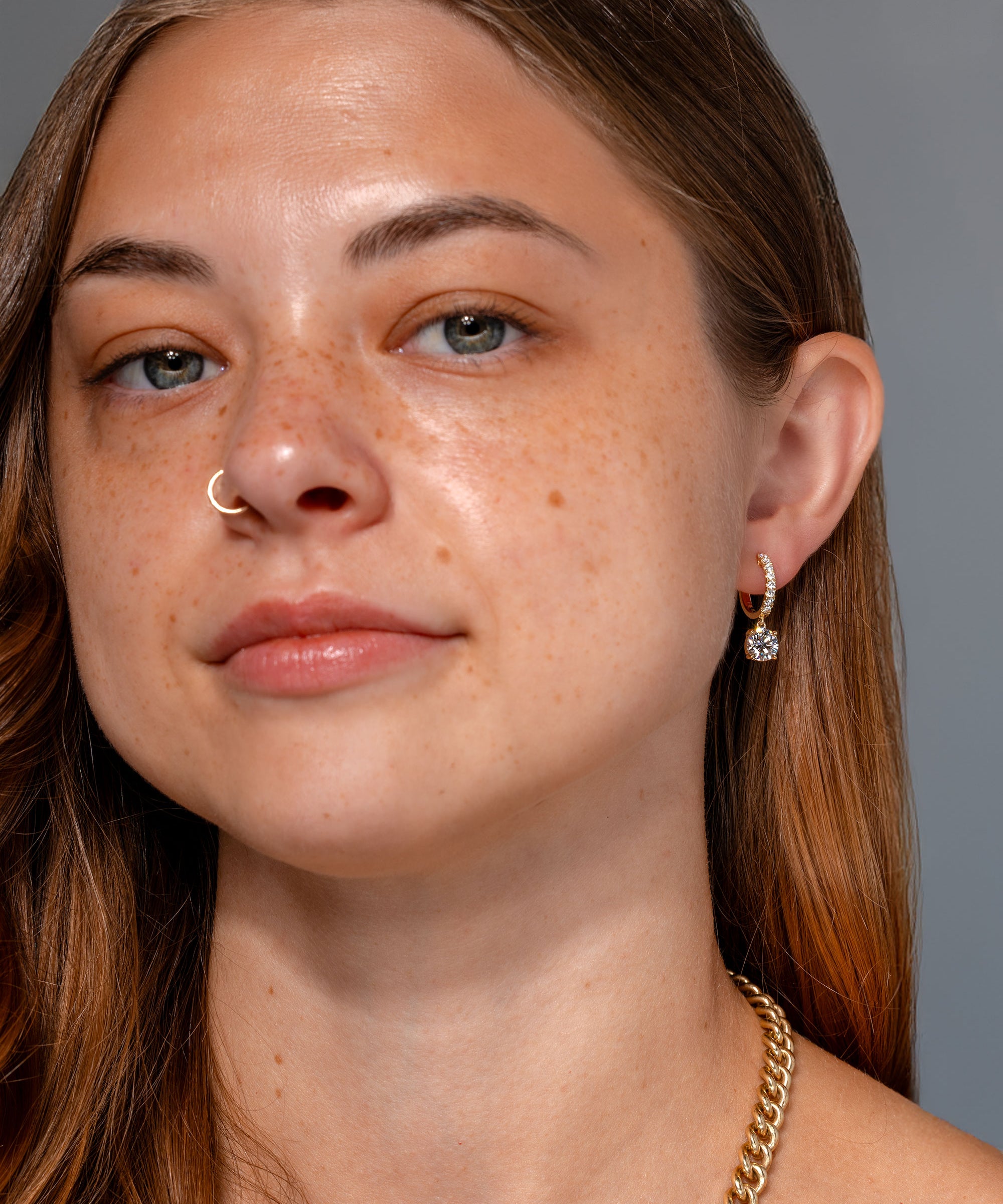 Round Diamond Drop Pave Hoops Yellow Gold on model