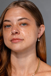 Round Diamond Drop Pave Hoops Yellow Gold on model