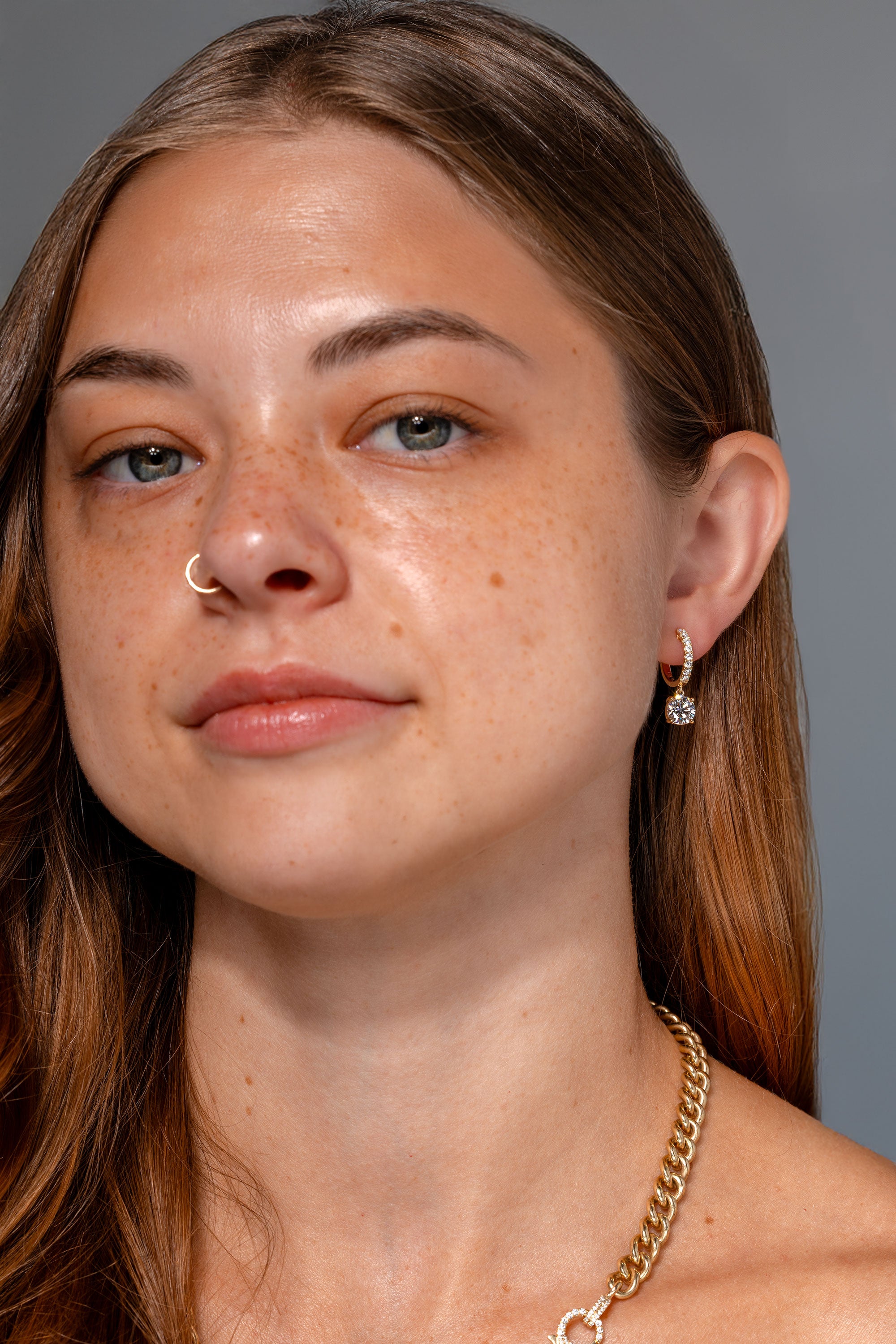 Round Diamond Drop Pave Hoops Yellow Gold on model