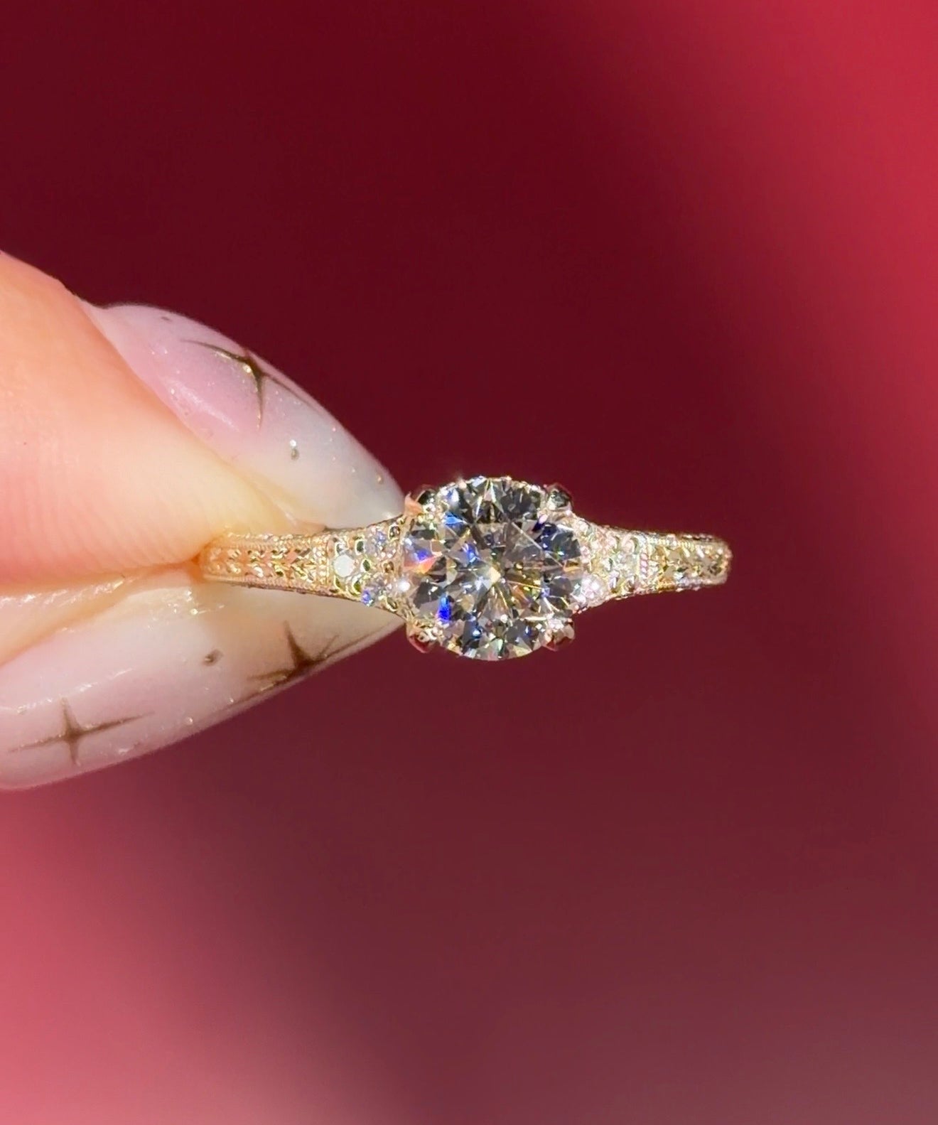 yellow gold round lab diamond vintage hand engraved engagement ring