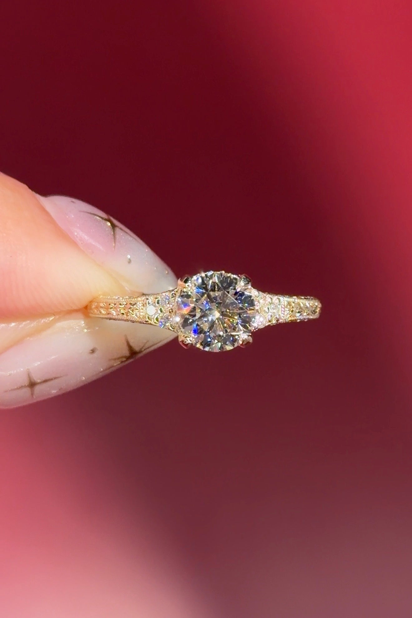 yellow gold round lab diamond vintage hand engraved engagement ring