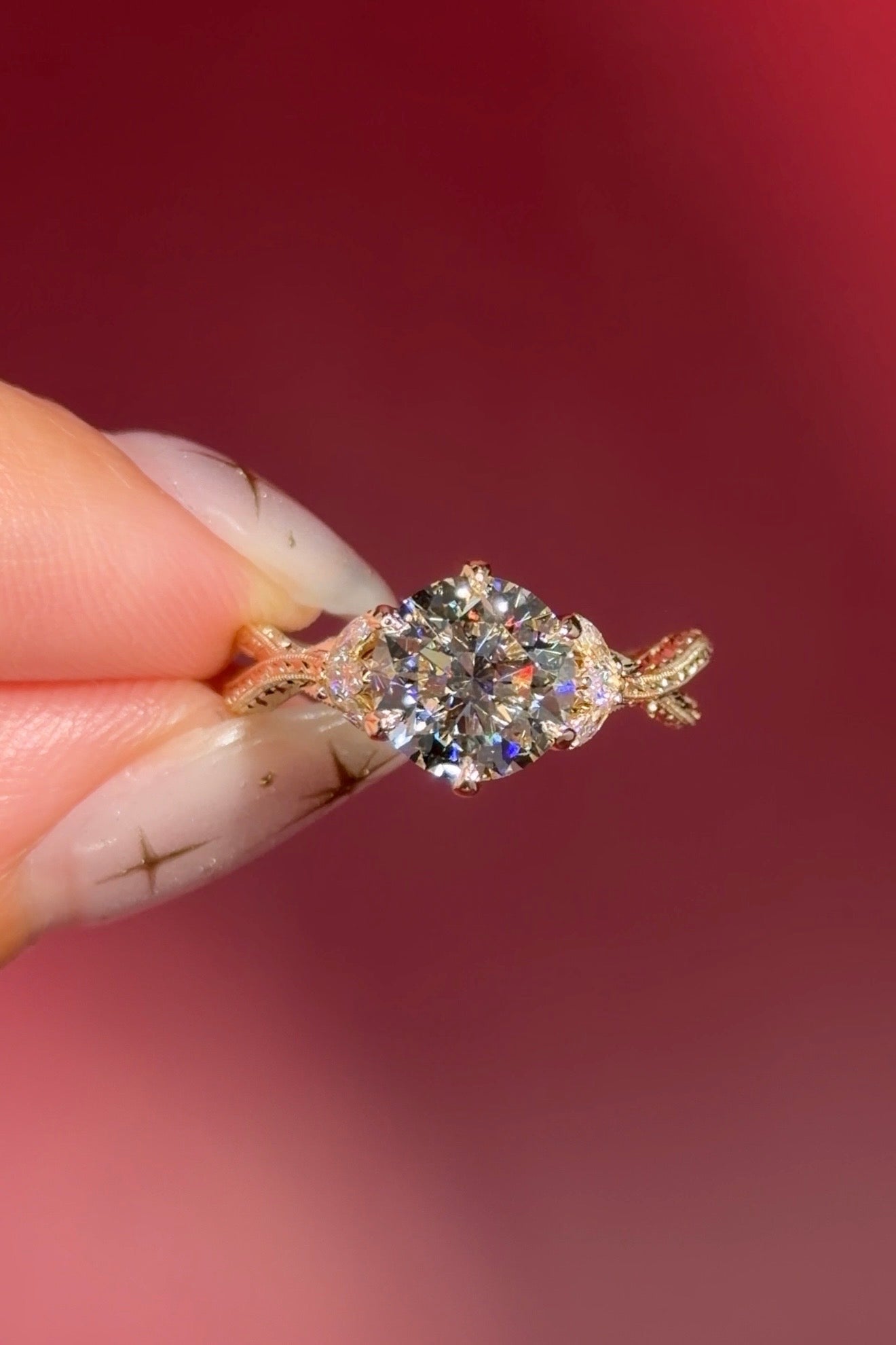 round lab diamond engagement ring leafy side marquise diamonds twist band engraved yellow gold